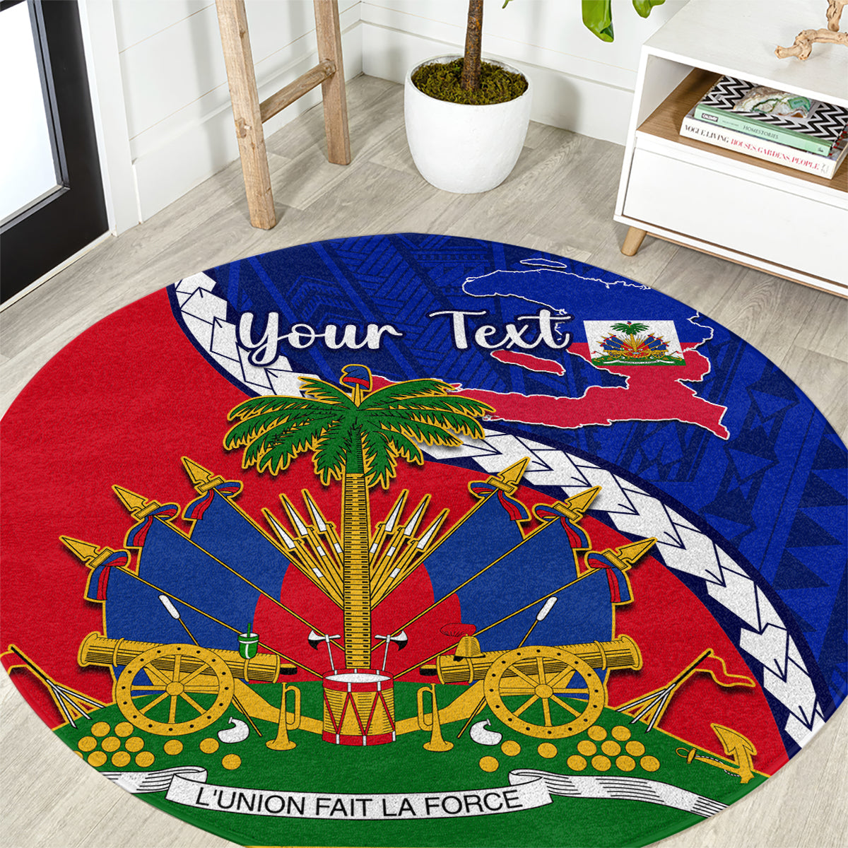 personalised-haiti-independence-day-round-carpet-ayiti-national-emblem-with-polynesian-pattern