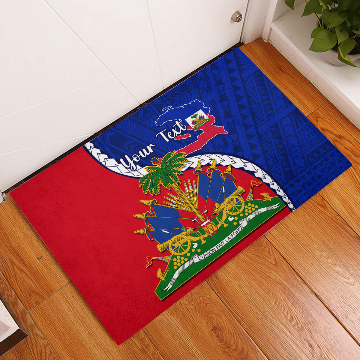 Personalised Haiti Independence Day Rubber Doormat Ayiti National Emblem With Polynesian Pattern - Wonder Print Shop