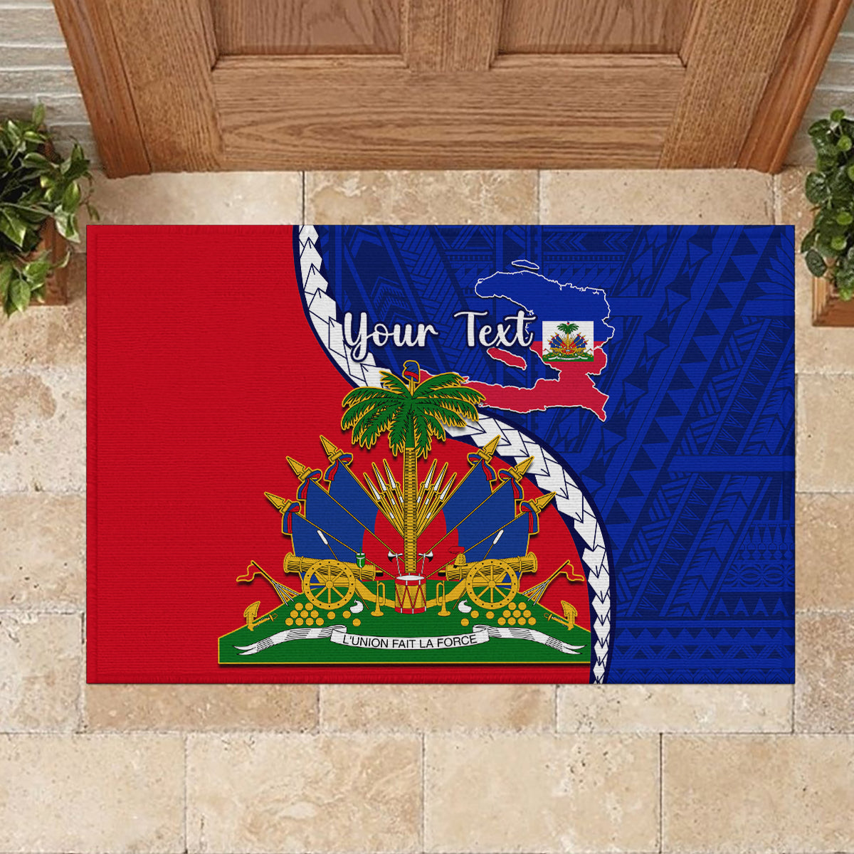Personalised Haiti Independence Day Rubber Doormat Ayiti National Emblem With Polynesian Pattern - Wonder Print Shop