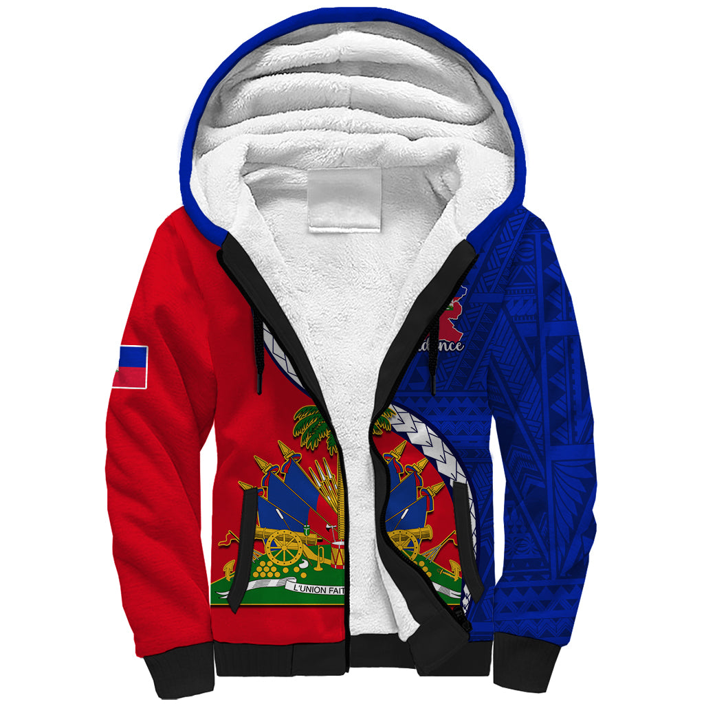 Personalised Haiti Independence Day Sherpa Hoodie Ayiti National Emblem With Polynesian Pattern - Wonder Print Shop