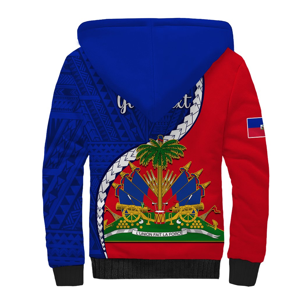 Personalised Haiti Independence Day Sherpa Hoodie Ayiti National Emblem With Polynesian Pattern - Wonder Print Shop