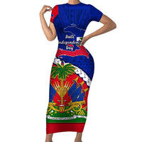 Personalised Haiti Independence Day Short Sleeve Bodycon Dress Ayiti National Emblem With Polynesian Pattern LT14