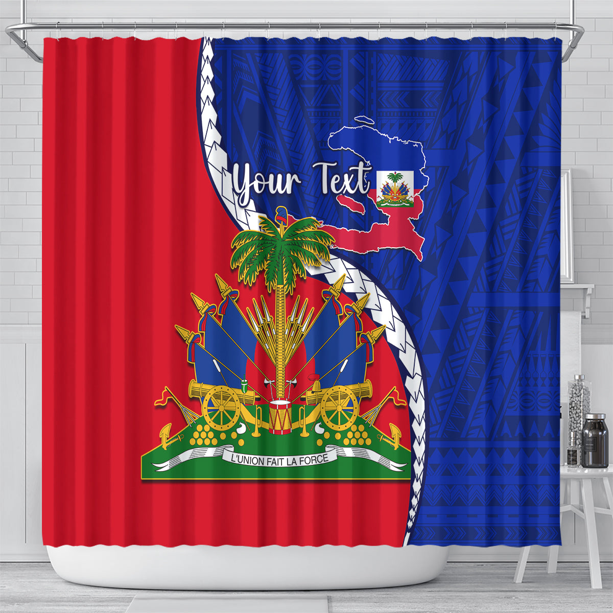 personalised-haiti-independence-day-shower-curtain-ayiti-national-emblem-with-polynesian-pattern
