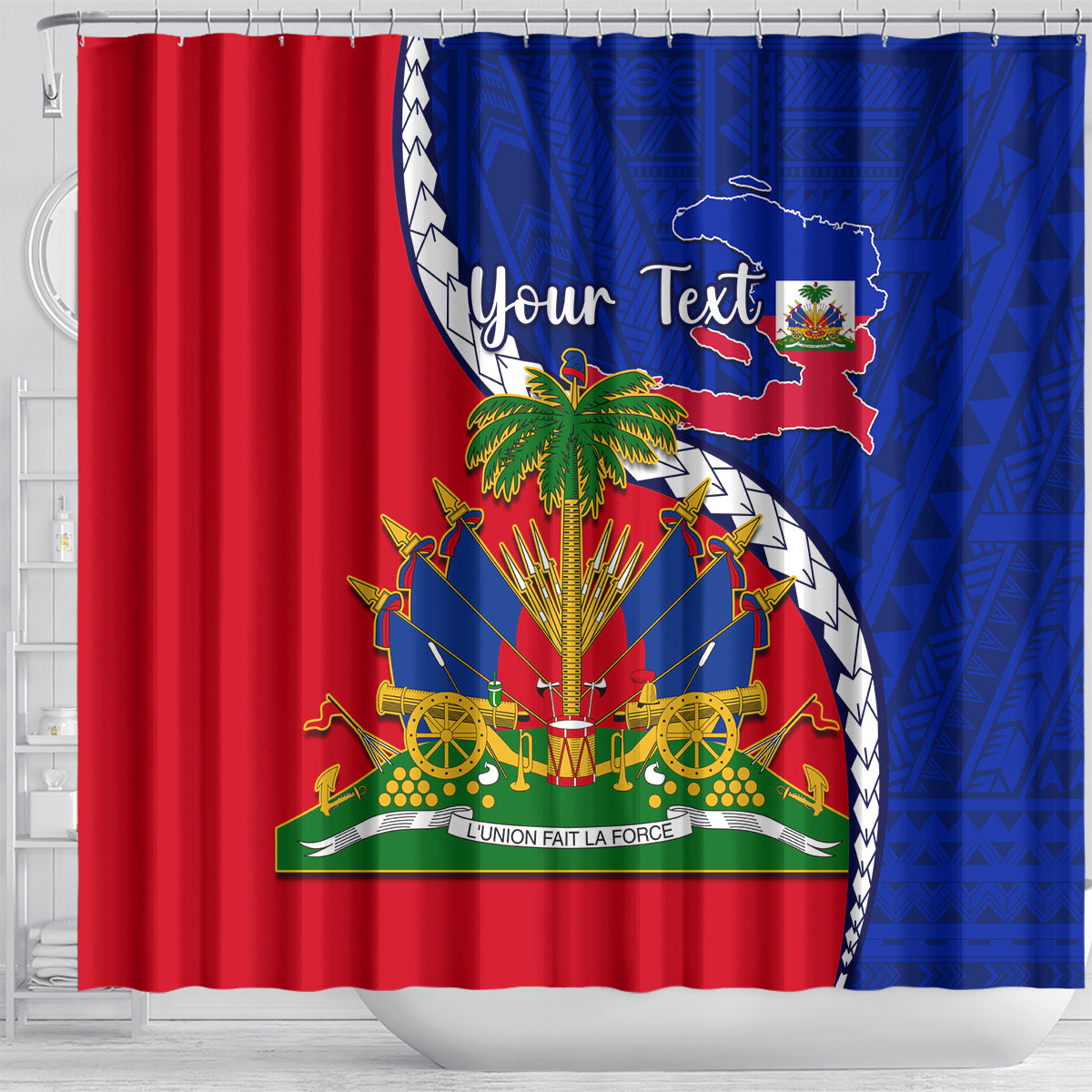 personalised-haiti-independence-day-shower-curtain-ayiti-national-emblem-with-polynesian-pattern
