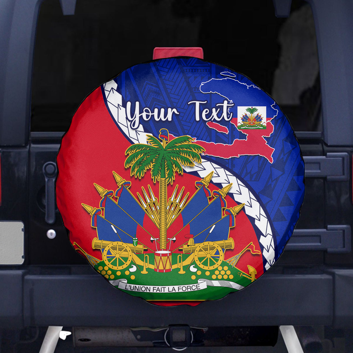 Personalised Haiti Independence Day Spare Tire Cover Ayiti National Emblem With Polynesian Pattern - Wonder Print Shop