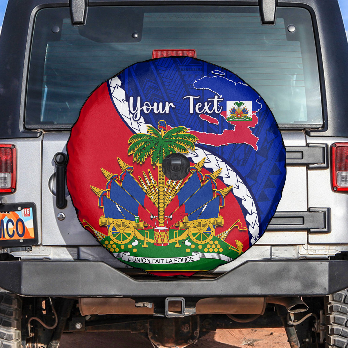 Personalised Haiti Independence Day Spare Tire Cover Ayiti National Emblem With Polynesian Pattern - Wonder Print Shop