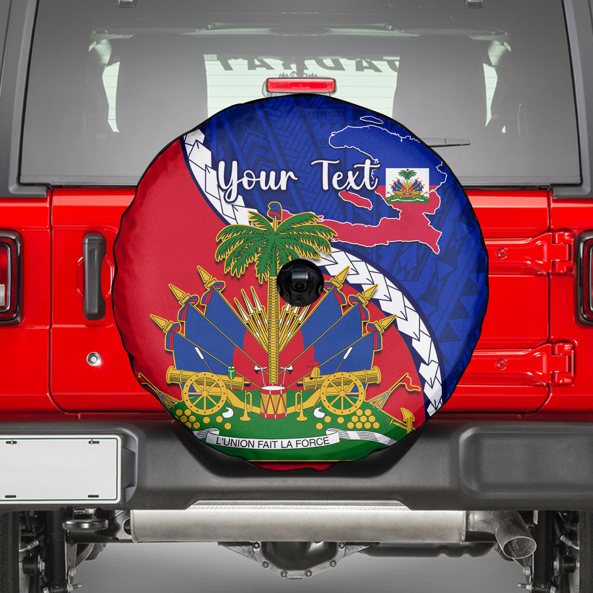 Personalised Haiti Independence Day Spare Tire Cover Ayiti National Emblem With Polynesian Pattern - Wonder Print Shop