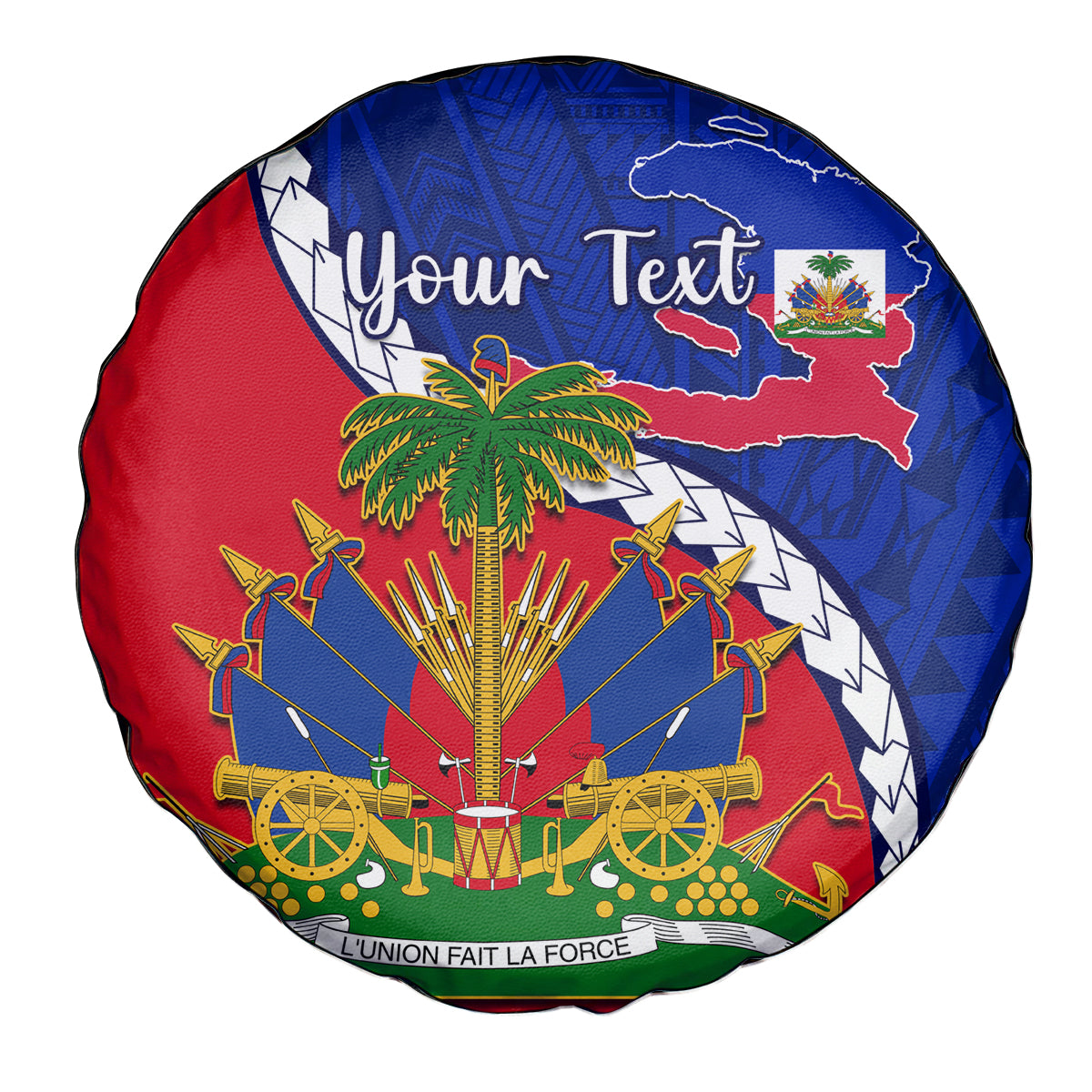 Personalised Haiti Independence Day Spare Tire Cover Ayiti National Emblem With Polynesian Pattern - Wonder Print Shop