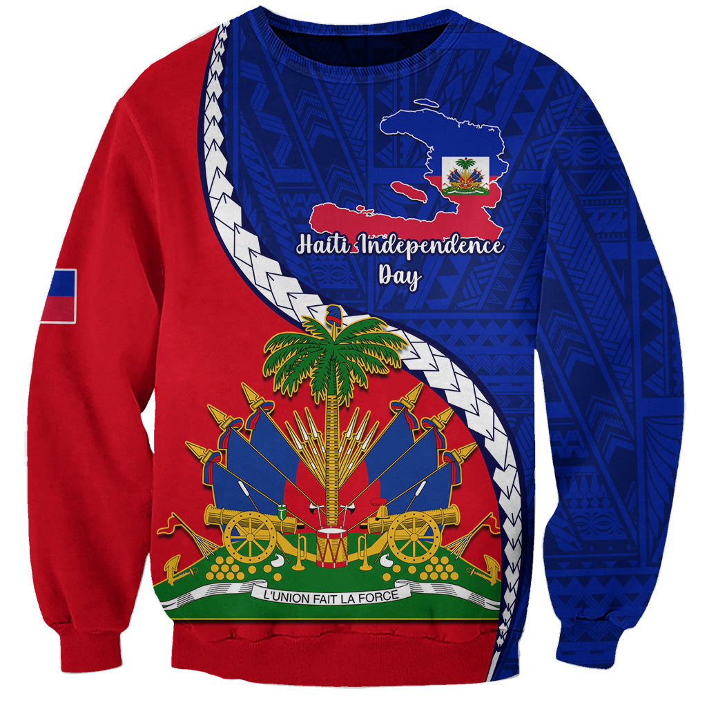 Personalised Haiti Independence Day Sweatshirt Ayiti National Emblem With Polynesian Pattern - Wonder Print Shop