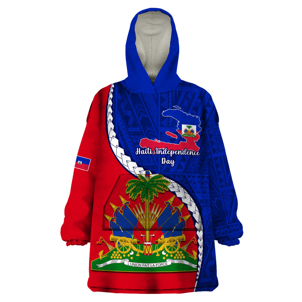 Personalised Haiti Independence Day Wearable Blanket Hoodie Ayiti National Emblem With Polynesian Pattern - Wonder Print Shop