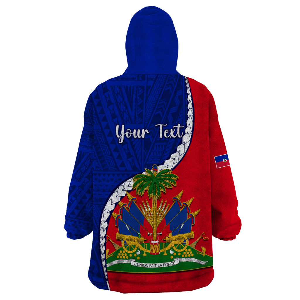 Personalised Haiti Independence Day Wearable Blanket Hoodie Ayiti National Emblem With Polynesian Pattern - Wonder Print Shop