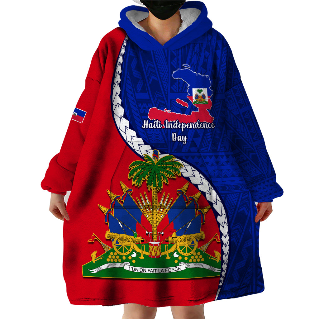Personalised Haiti Independence Day Wearable Blanket Hoodie Ayiti National Emblem With Polynesian Pattern - Wonder Print Shop