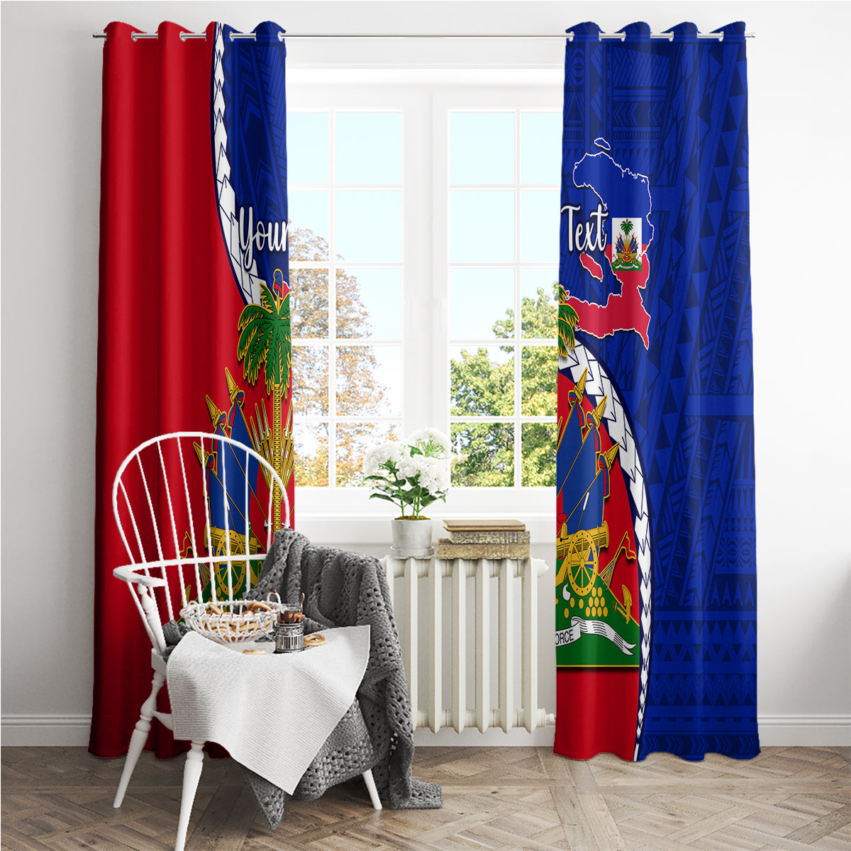 Personalised Haiti Independence Day Window Curtain Ayiti National Emblem With Polynesian Pattern - Wonder Print Shop