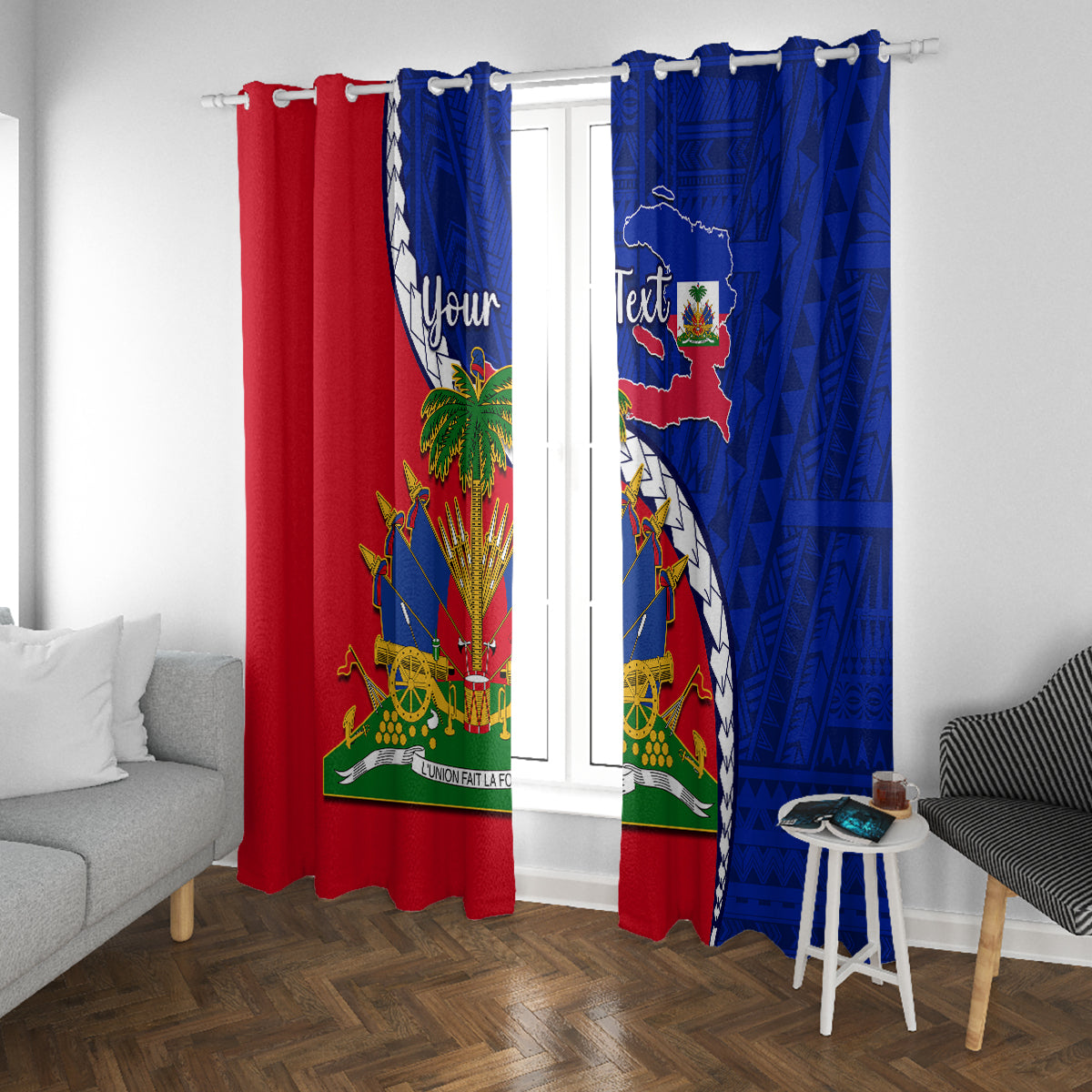 Personalised Haiti Independence Day Window Curtain Ayiti National Emblem With Polynesian Pattern - Wonder Print Shop