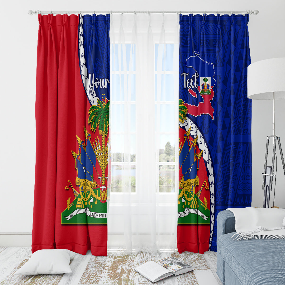 Personalised Haiti Independence Day Window Curtain Ayiti National Emblem With Polynesian Pattern - Wonder Print Shop