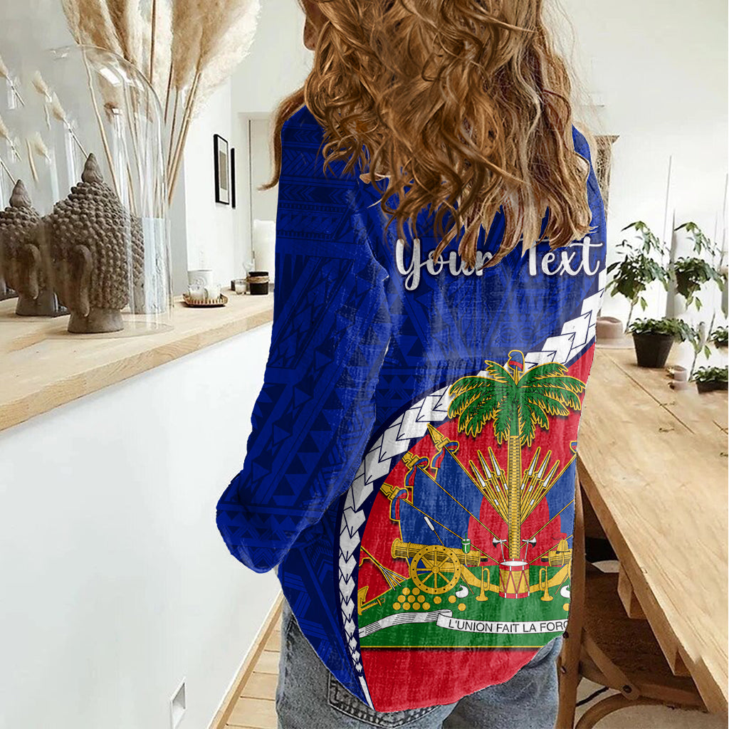 Personalised Haiti Independence Day Women Casual Shirt Ayiti National Emblem With Polynesian Pattern - Wonder Print Shop