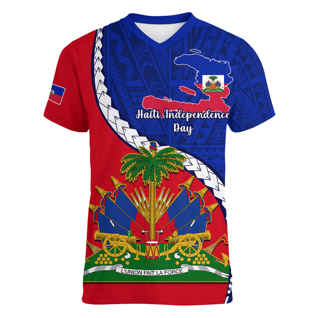 Personalised Haiti Independence Day Women V Neck T Shirt Ayiti National Emblem With Polynesian Pattern - Wonder Print Shop