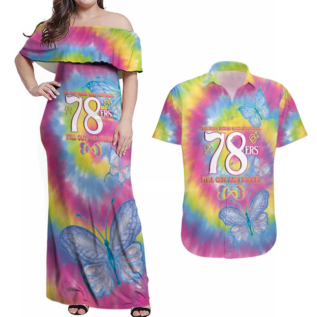 First Sydney Madri Gras Australia Couples Matching Off Shoulder Maxi Dress and Hawaiian Shirt 78ers Still Out And Proud