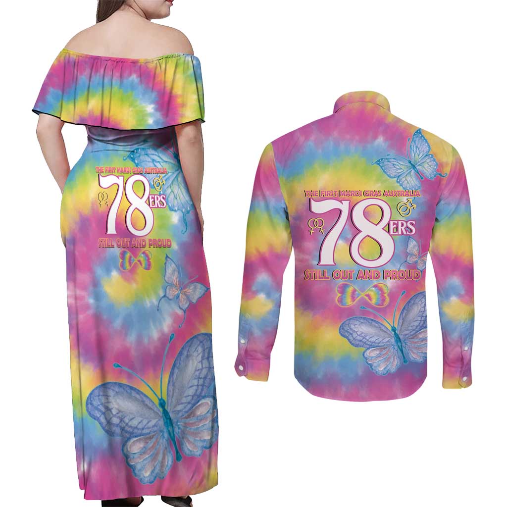 First Sydney Madri Gras Australia Couples Matching Off Shoulder Maxi Dress and Long Sleeve Button Shirt 78ers Still Out And Proud