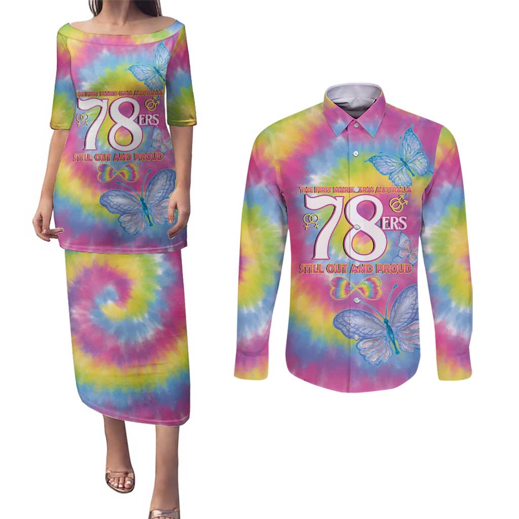 First Sydney Madri Gras Australia Couples Matching Puletasi and Long Sleeve Button Shirt 78ers Still Out And Proud