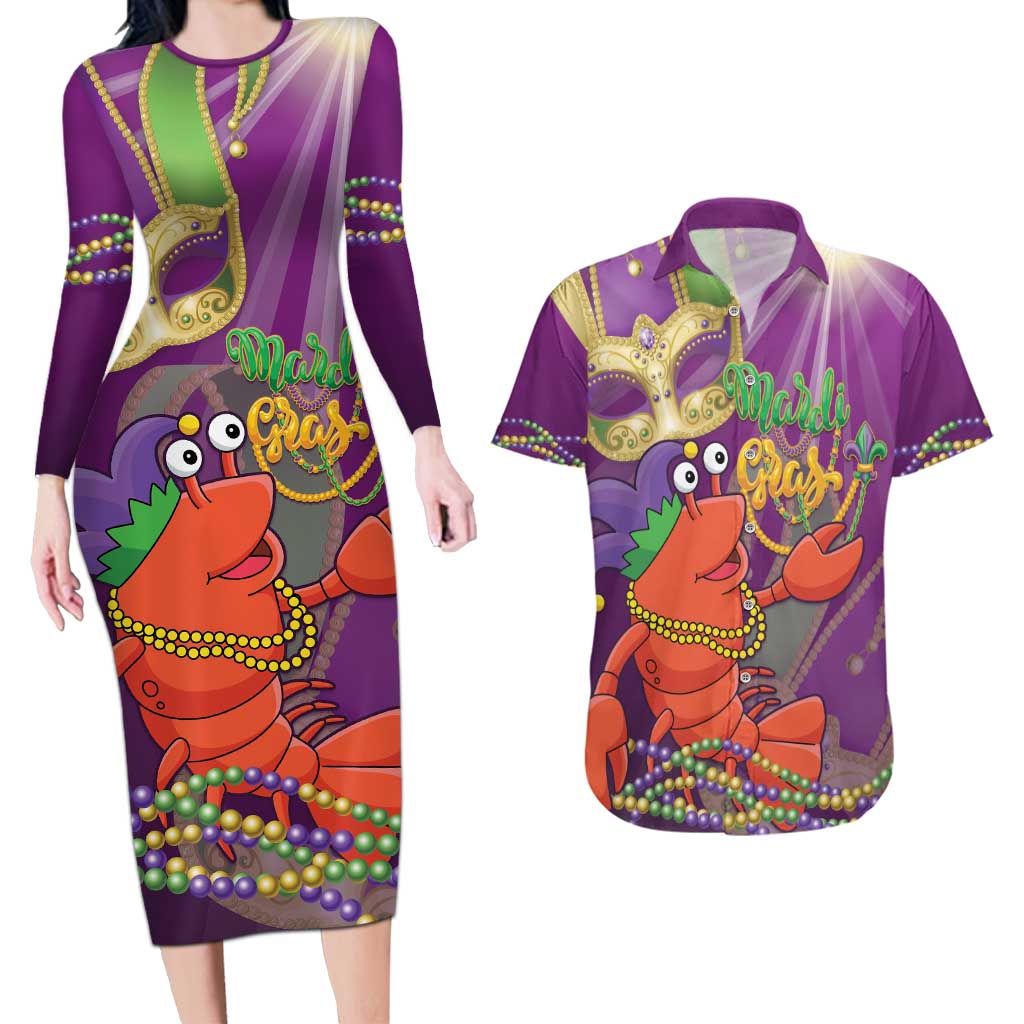 Mardi Gras 2025 Couples Matching Long Sleeve Bodycon Dress and Hawaiian Shirt Funny Jester Lobster With Beads