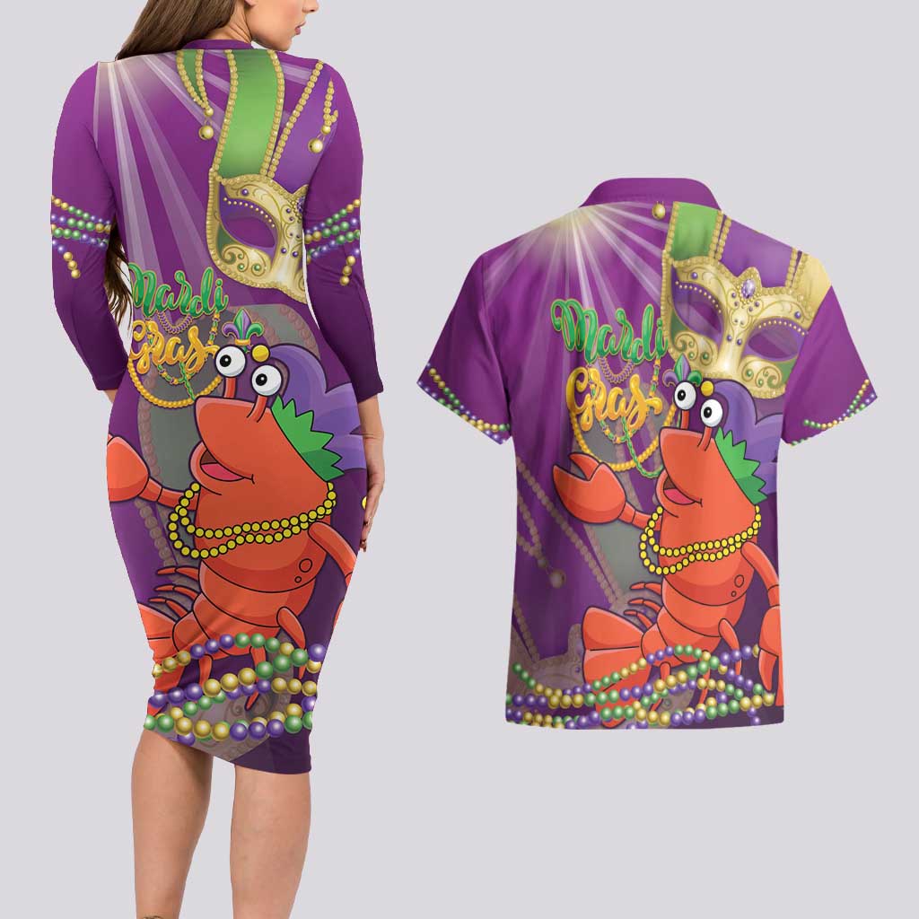 Mardi Gras 2025 Couples Matching Long Sleeve Bodycon Dress and Hawaiian Shirt Funny Jester Lobster With Beads