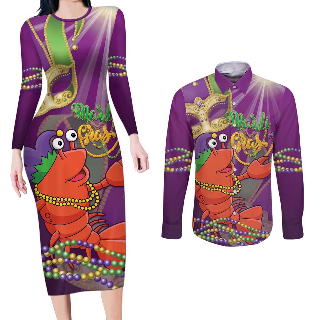 Mardi Gras 2025 Couples Matching Long Sleeve Bodycon Dress and Long Sleeve Button Shirt Funny Jester Lobster With Beads