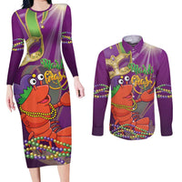Mardi Gras 2025 Couples Matching Long Sleeve Bodycon Dress and Long Sleeve Button Shirt Funny Jester Lobster With Beads
