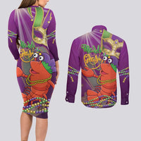 Mardi Gras 2025 Couples Matching Long Sleeve Bodycon Dress and Long Sleeve Button Shirt Funny Jester Lobster With Beads