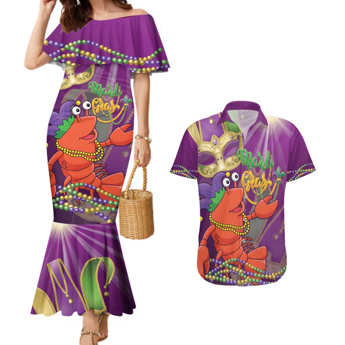 Mardi Gras 2025 Couples Matching Mermaid Dress and Hawaiian Shirt Funny Jester Lobster With Beads