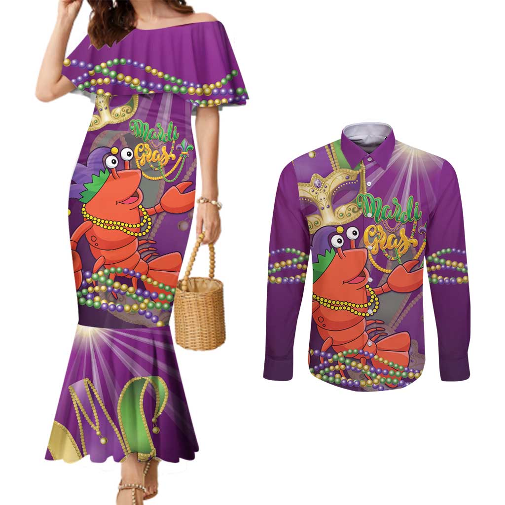 Mardi Gras 2025 Couples Matching Mermaid Dress and Long Sleeve Button Shirt Funny Jester Lobster With Beads