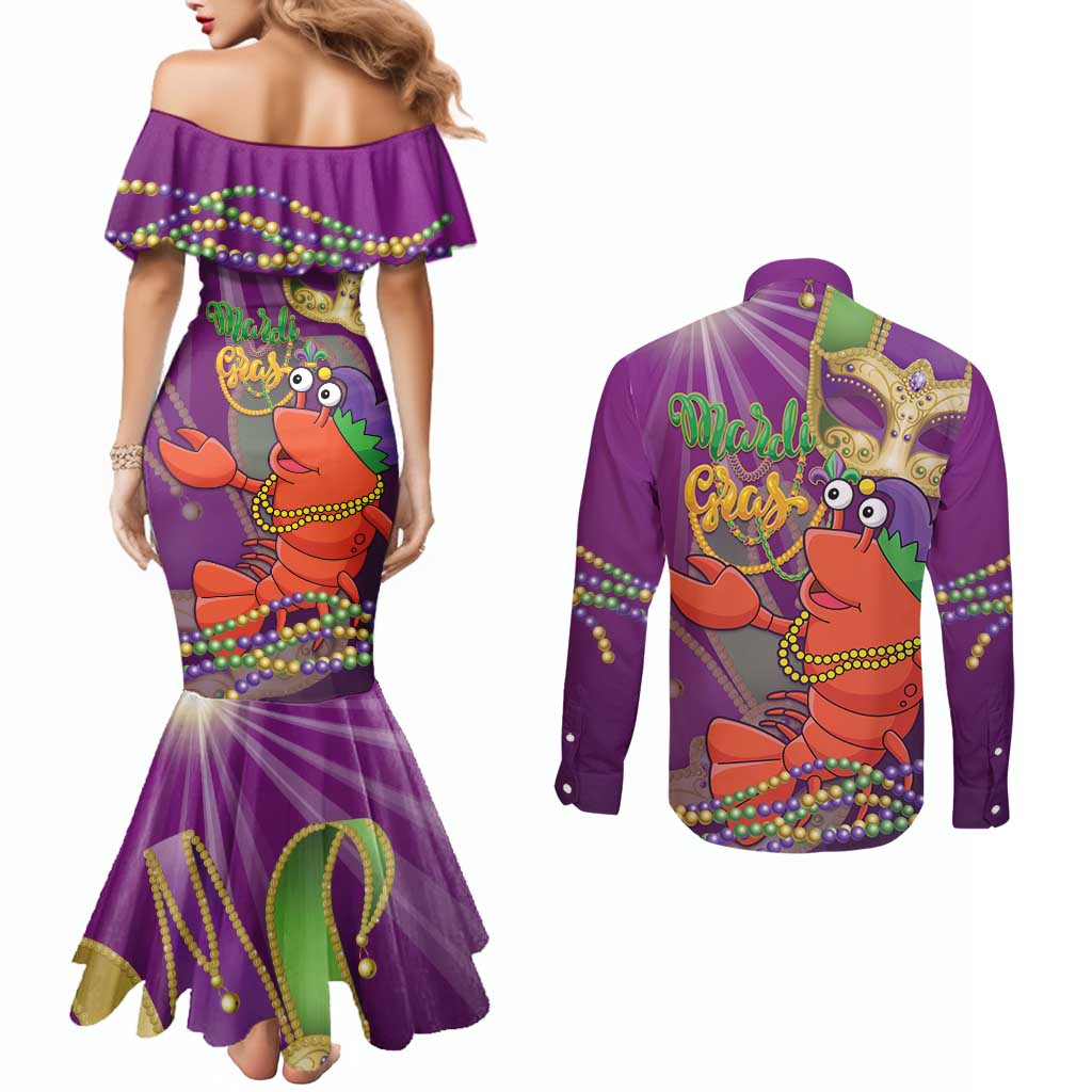 Mardi Gras 2025 Couples Matching Mermaid Dress and Long Sleeve Button Shirt Funny Jester Lobster With Beads