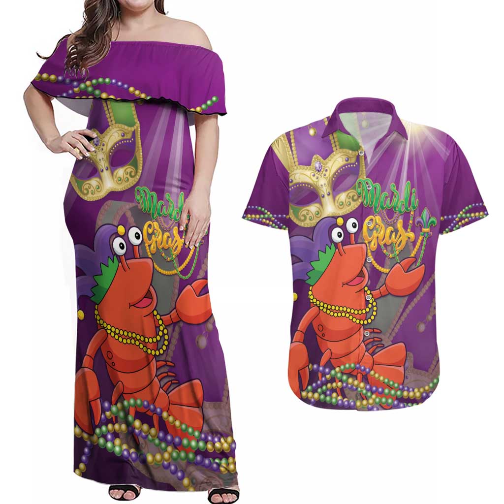 Mardi Gras 2025 Couples Matching Off Shoulder Maxi Dress and Hawaiian Shirt Funny Jester Lobster With Beads