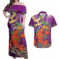 Mardi Gras 2025 Couples Matching Off Shoulder Maxi Dress and Hawaiian Shirt Funny Jester Lobster With Beads
