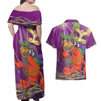 Mardi Gras 2025 Couples Matching Off Shoulder Maxi Dress and Hawaiian Shirt Funny Jester Lobster With Beads