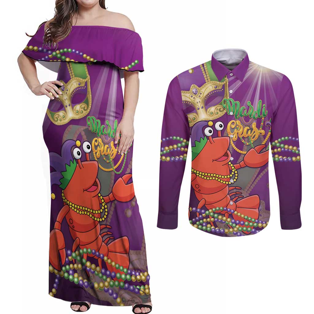 Mardi Gras 2025 Couples Matching Off Shoulder Maxi Dress and Long Sleeve Button Shirt Funny Jester Lobster With Beads
