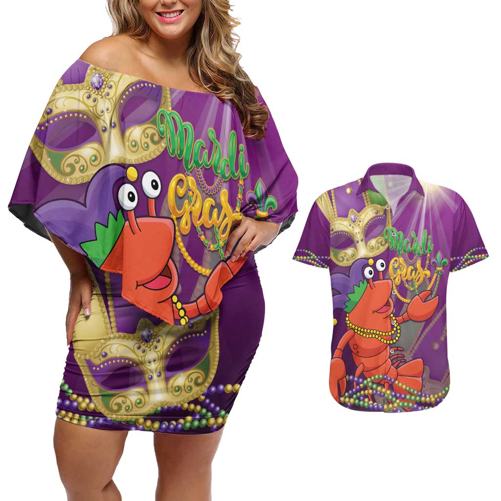 Mardi Gras 2025 Couples Matching Off Shoulder Short Dress and Hawaiian Shirt Funny Jester Lobster With Beads