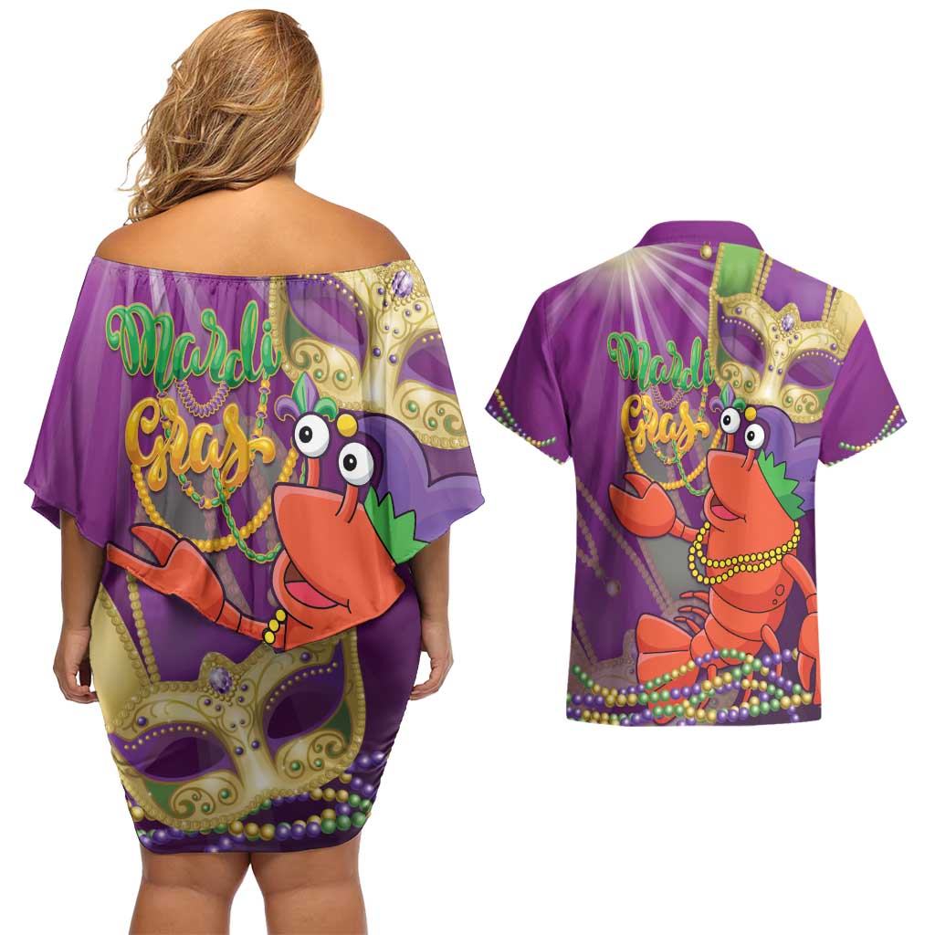 Mardi Gras 2025 Couples Matching Off Shoulder Short Dress and Hawaiian Shirt Funny Jester Lobster With Beads