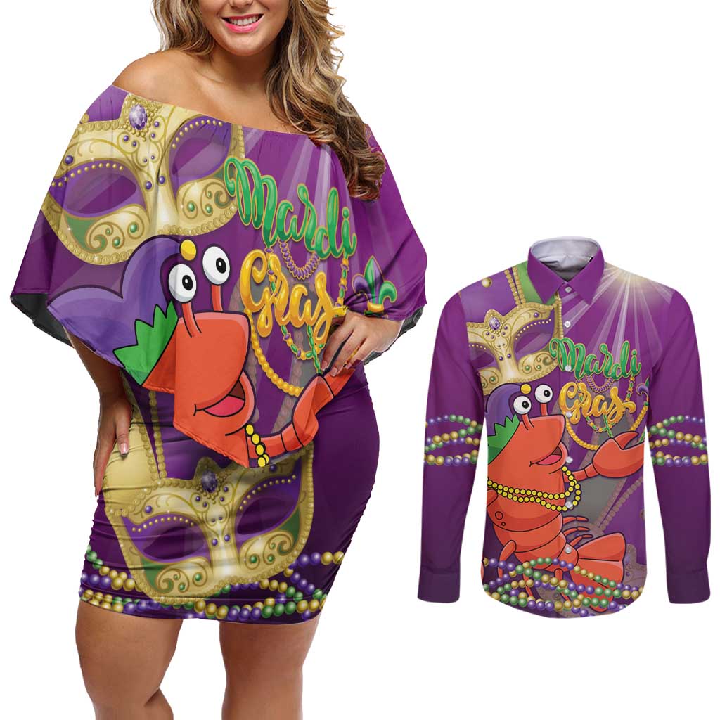 Mardi Gras 2025 Couples Matching Off Shoulder Short Dress and Long Sleeve Button Shirt Funny Jester Lobster With Beads