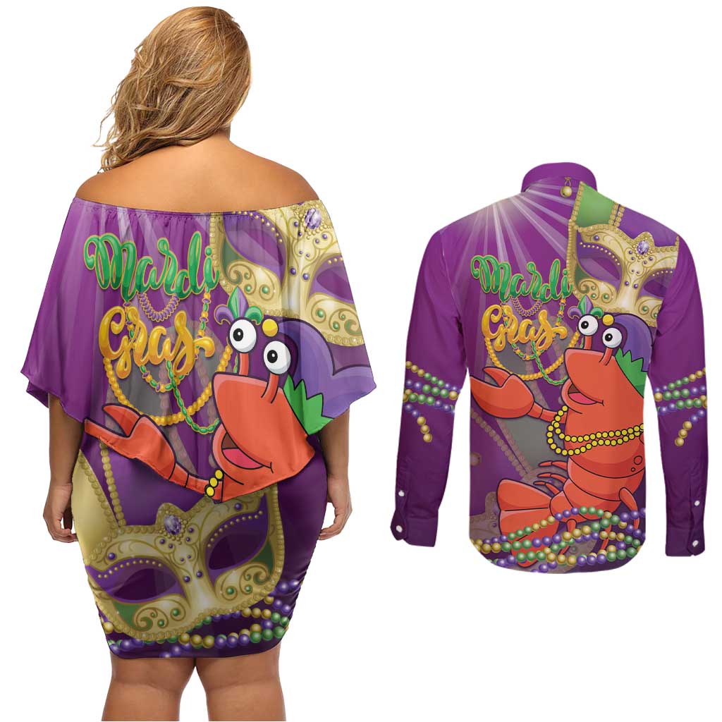 Mardi Gras 2025 Couples Matching Off Shoulder Short Dress and Long Sleeve Button Shirt Funny Jester Lobster With Beads