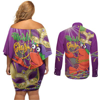 Mardi Gras 2025 Couples Matching Off Shoulder Short Dress and Long Sleeve Button Shirt Funny Jester Lobster With Beads