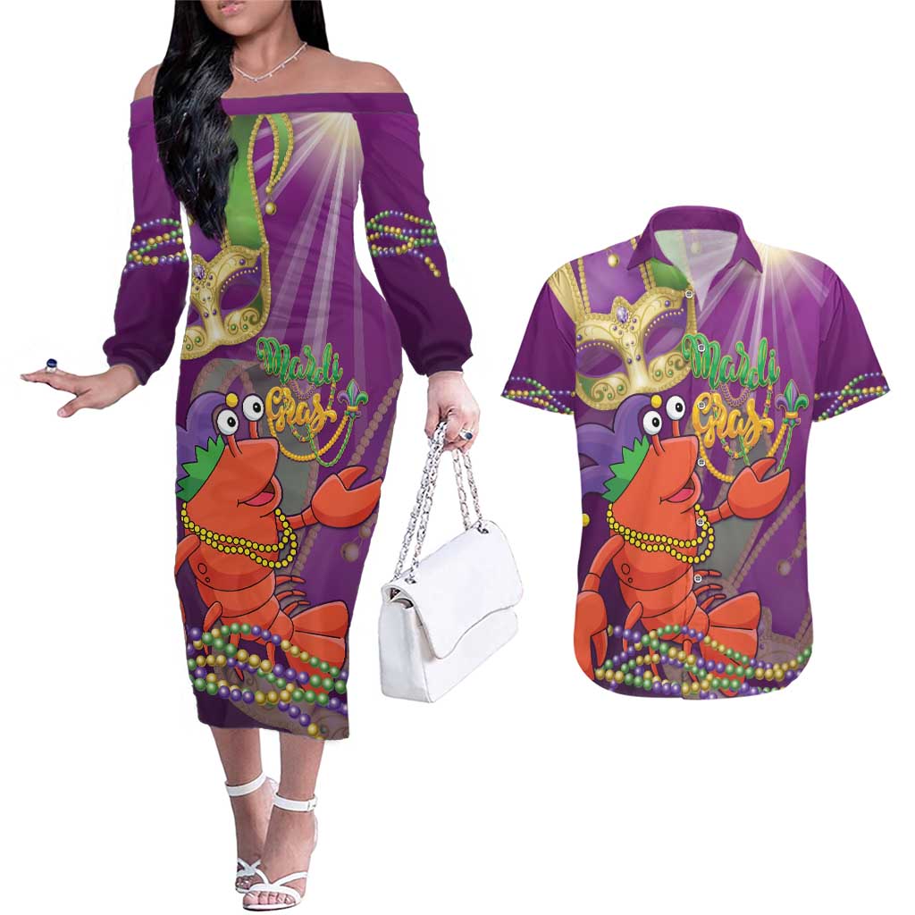 Mardi Gras 2025 Couples Matching Off The Shoulder Long Sleeve Dress and Hawaiian Shirt Funny Jester Lobster With Beads