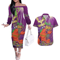 Mardi Gras 2025 Couples Matching Off The Shoulder Long Sleeve Dress and Hawaiian Shirt Funny Jester Lobster With Beads
