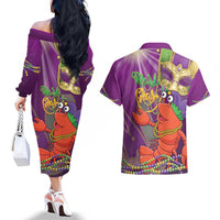 Mardi Gras 2025 Couples Matching Off The Shoulder Long Sleeve Dress and Hawaiian Shirt Funny Jester Lobster With Beads