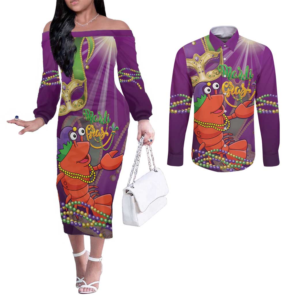 Mardi Gras 2025 Couples Matching Off The Shoulder Long Sleeve Dress and Long Sleeve Button Shirt Funny Jester Lobster With Beads