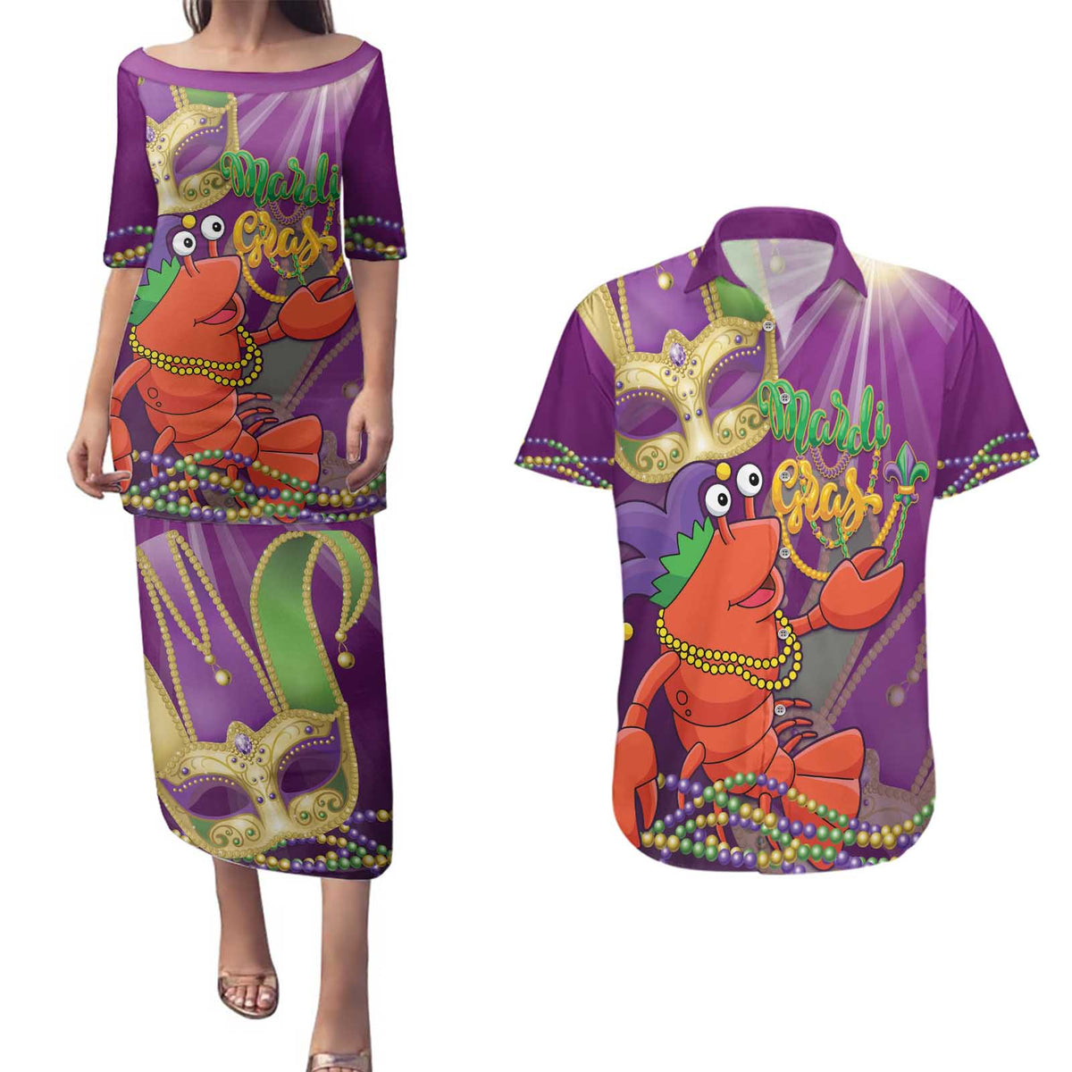 Mardi Gras 2025 Couples Matching Puletasi and Hawaiian Shirt Funny Jester Lobster With Beads