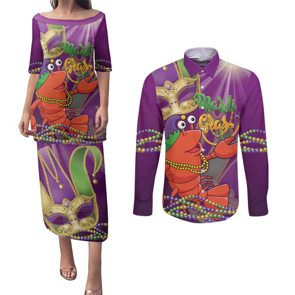 Mardi Gras 2025 Couples Matching Puletasi and Long Sleeve Button Shirt Funny Jester Lobster With Beads