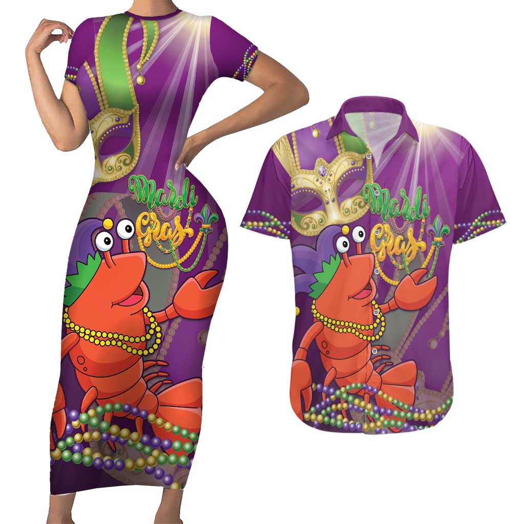 Mardi Gras 2025 Couples Matching Short Sleeve Bodycon Dress and Hawaiian Shirt Funny Jester Lobster With Beads