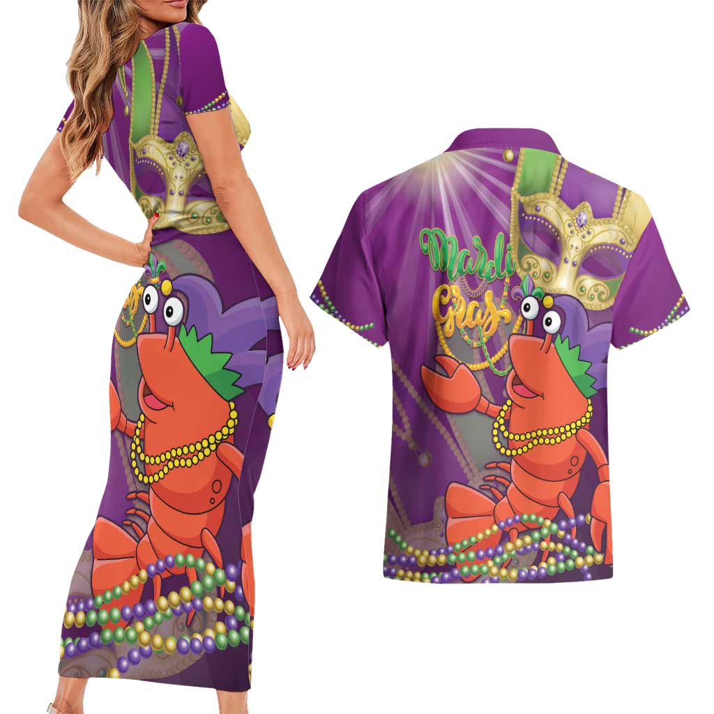 Mardi Gras 2025 Couples Matching Short Sleeve Bodycon Dress and Hawaiian Shirt Funny Jester Lobster With Beads