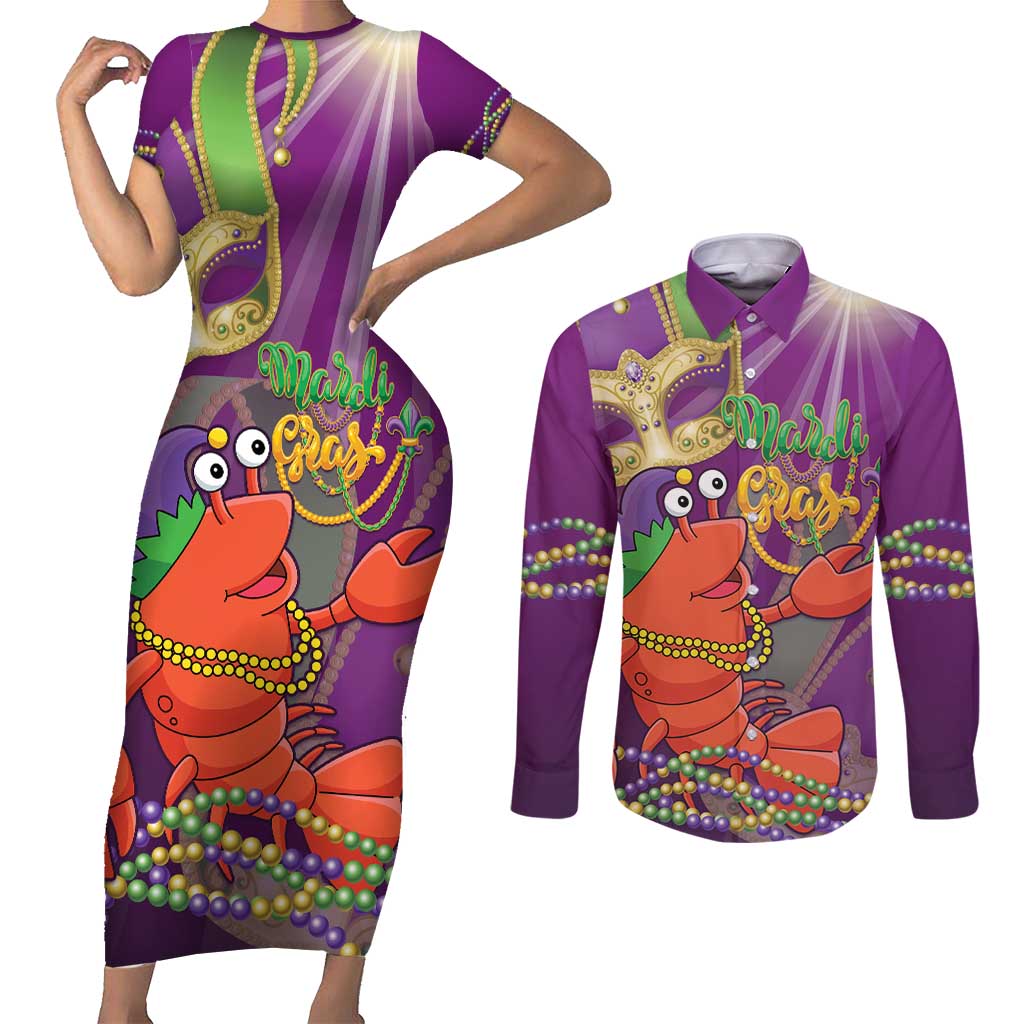 Mardi Gras 2025 Couples Matching Short Sleeve Bodycon Dress and Long Sleeve Button Shirt Funny Jester Lobster With Beads